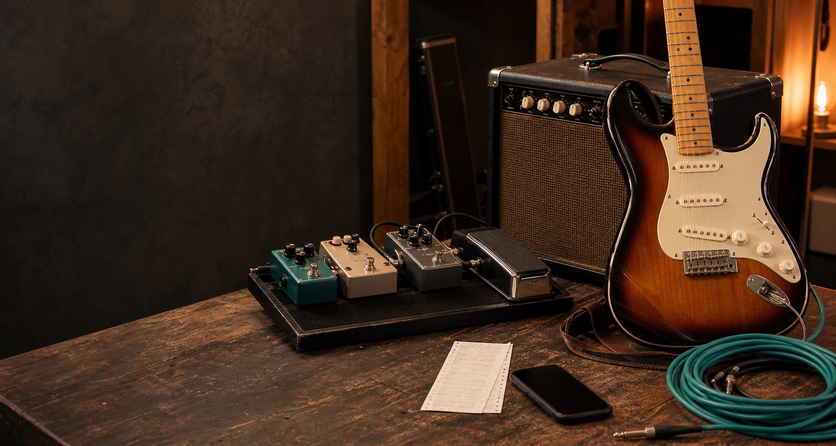 A Stratocaster, combo amp, pedalboard and phone on a workbench