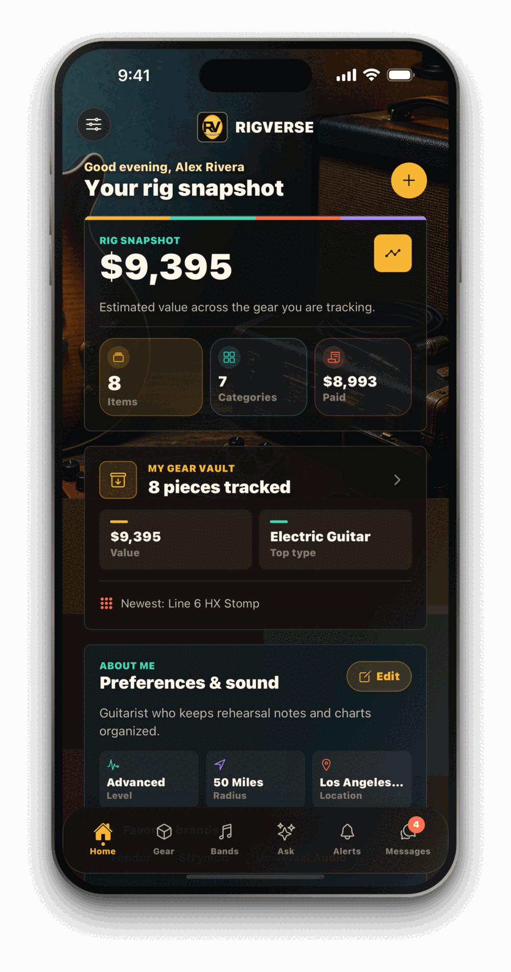 RigVerse on iPhone showing a rig snapshot worth $9,395 across 8 pieces of gear